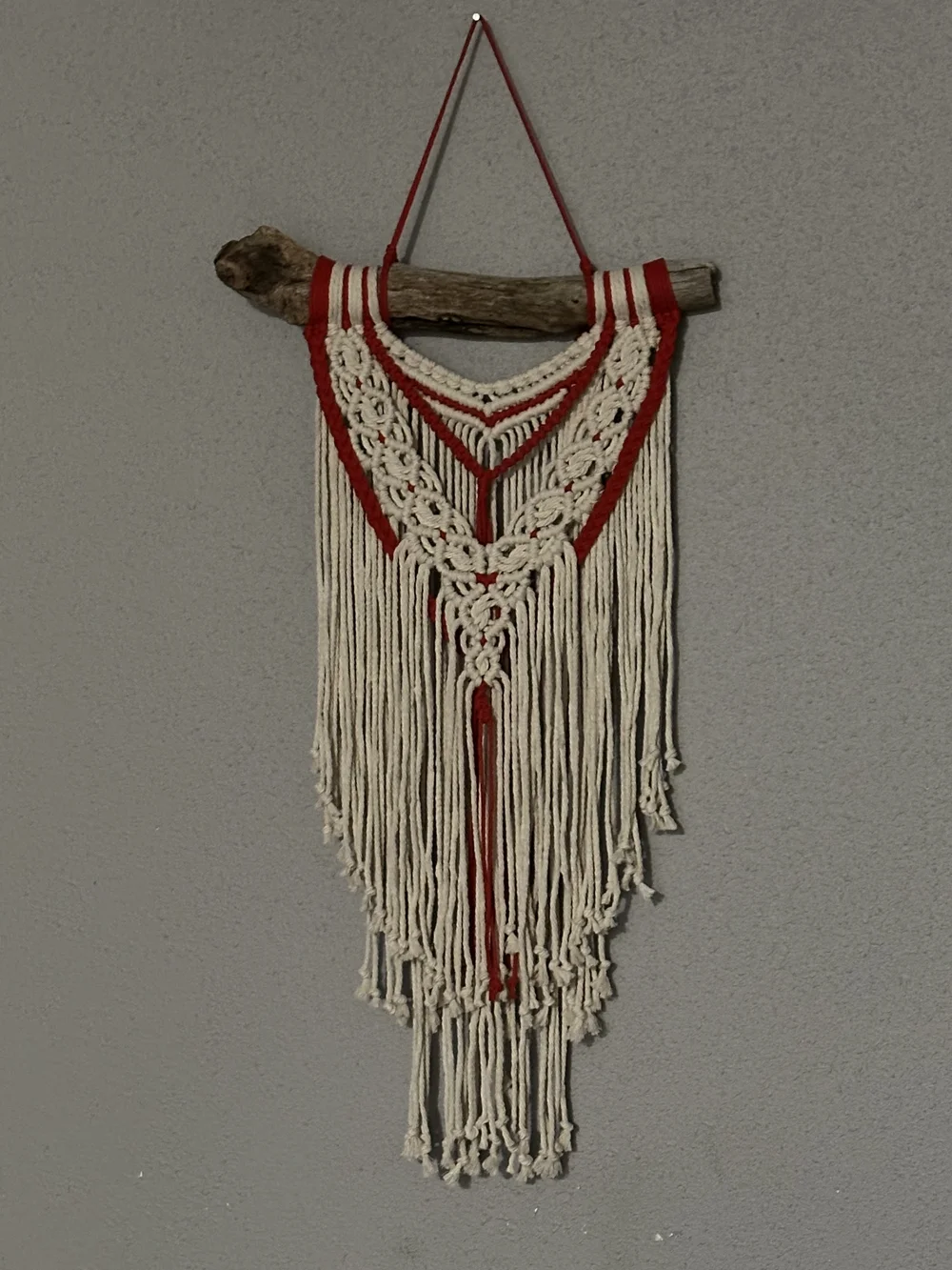 Handmade Red and Cream Macramé Wall Hanging